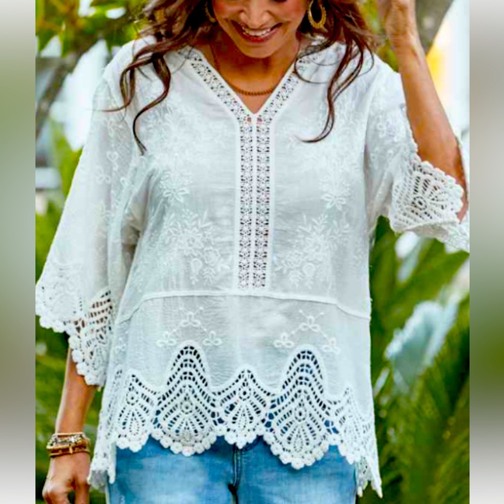 NWT DEMOCRACY s2X cute boho top-Woven Cotton Crochet Trim-Peplum-sold out online
